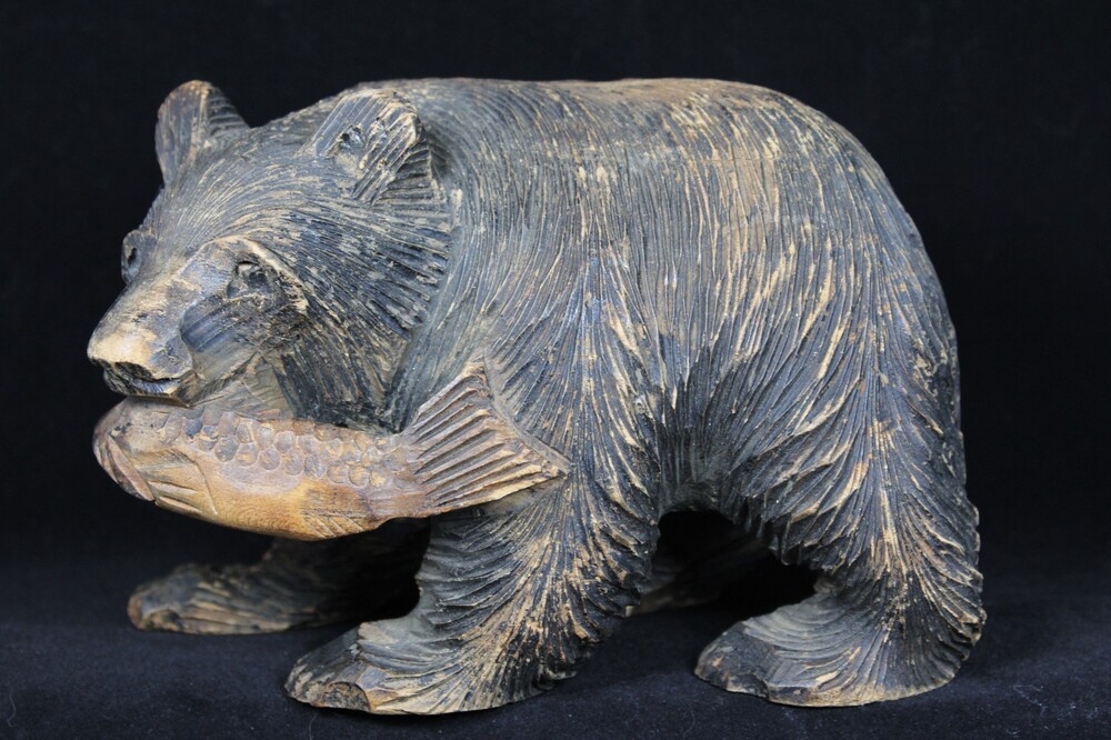 Vintage Japanese Hokkaido Ainu Hand-Carved Wooden Bear with Salmon (Kibori Kuma)